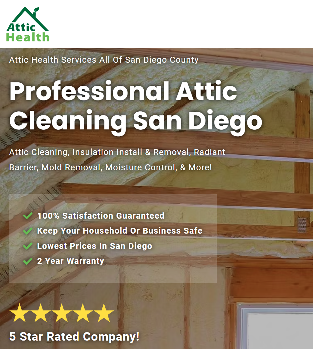 Attic Health Flyer, 5 star reviews,  year warrantee on work, and Free Inspection and free Estimates. 