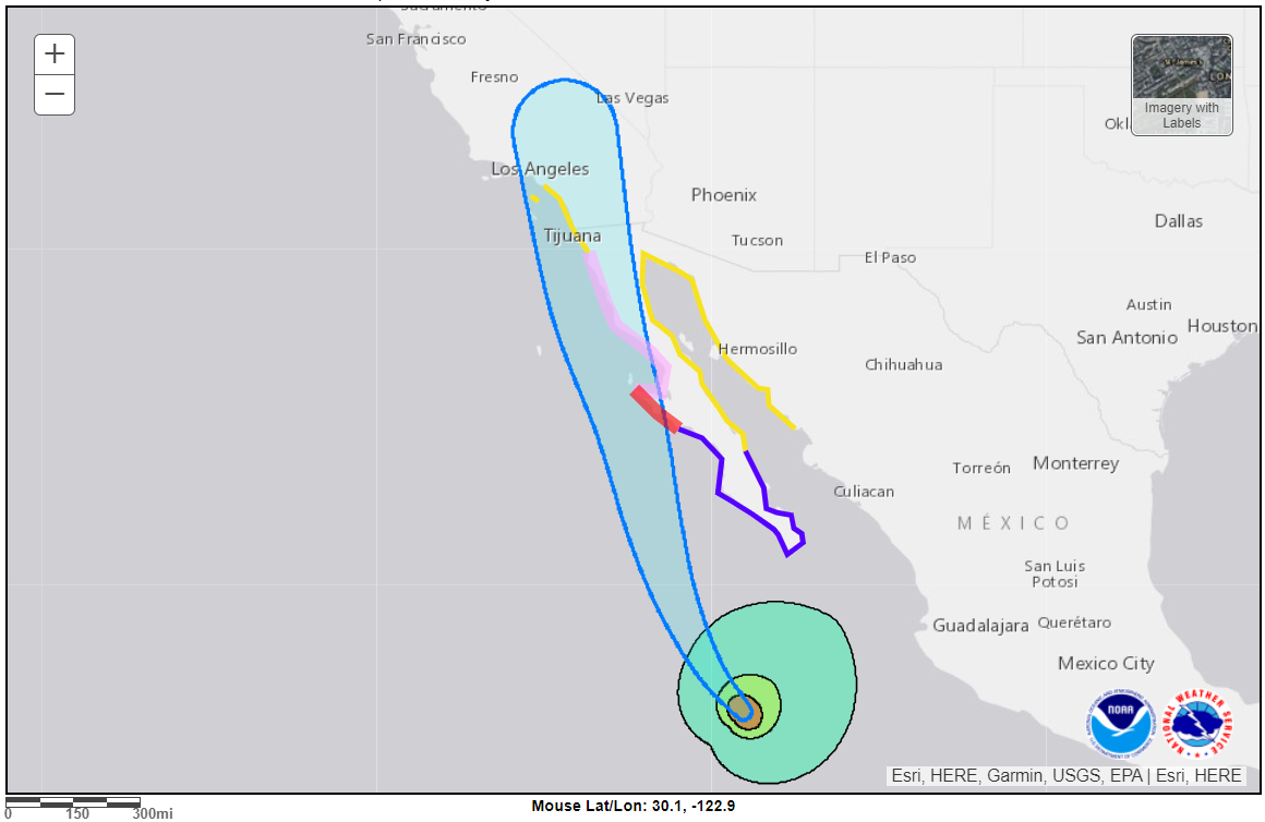 Map of Hurricane Hilary: The predicted path of Hurricane Hilary's approach to San Diego and other SoCal cities. Hurricane Hilary Photos were pulled 8:28 am 8/18/23 from the National Hurricane Center website.