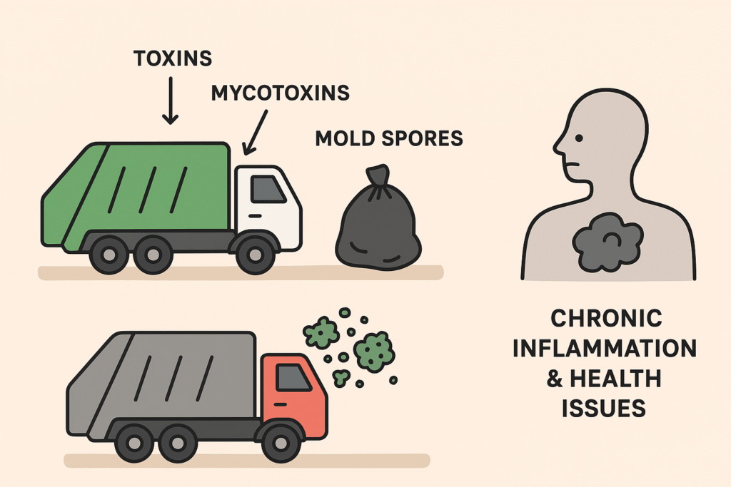 Visual demonstration of how the immune system of a CIRS patient does not clean up mold, VOCs or mycotoxins from mold.