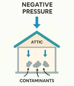 Image demonstrates how contaminated air moves from the attic or crawlspace into the main living space of the home.
