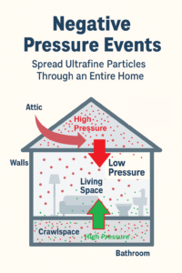 This image demonstrates how a negative air event pulls air from both the attic, crawlspace, and walls. There are green and red dots representing particles and arrows showing the air flow into the low pressure zones the  living spaces throughout your home.
