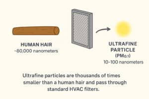 Why Hvac Is The #1 Vector Of Cross-Contamination In Cirs Homes 3 Comparison of a human hair to ufp by scale and how air filters are more for stopping particles but have trouble with these ufps.